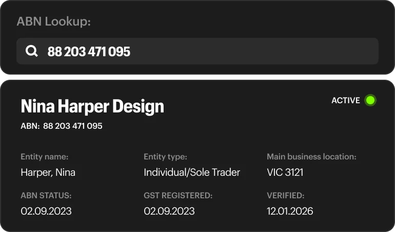 An ABN Lookup check on a freelancer's business showing the ABN as active, GST registered and verified